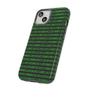 May include: A black smartphone case featuring a repeating pattern of bright green binary code consisting of zeros and ones. The case has a raised camera cutout area with a grey border and side buttons visible along the right edge of the device cover.