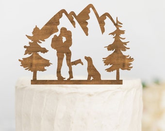 HIKING COUPLE with DOG Wood Wedding Cake Topper / Backpacking outdoor bride groom cake topper / camping cake topper