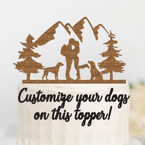 HIKING COUPLE with CUSTOMIZABLE Dogs Wood Wedding Cake Topper / Backpacking outdoor bride groom cake topper / camping cake topper