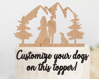 BRIDE GROOM Couple with DOG or Dogs Wood Mountain Wedding Cake Topper / Mountain outdoor bride groom cake topper / Wedding cake topper