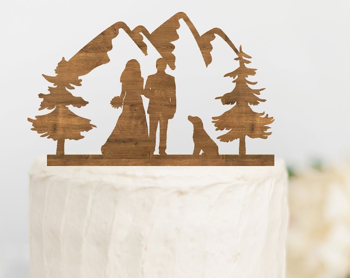 BRIDE GROOM Couple With DOG or Dogs Wood Mountain Wedding Cake Topper ...
