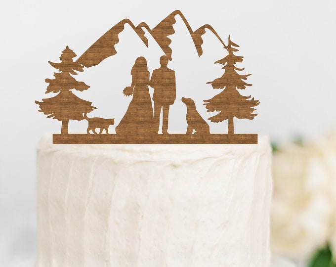 BRIDE GROOM COUPLE With Dog Cat Mountain Wood Wedding Cake Topper ...