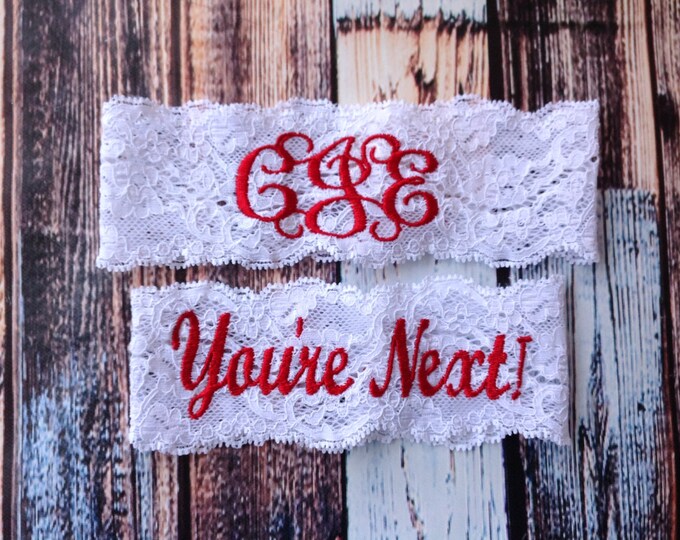 Vintage Inspired and You/'re Next GARTER Set \u2122 Choose Thread Color Monogrammed red garter