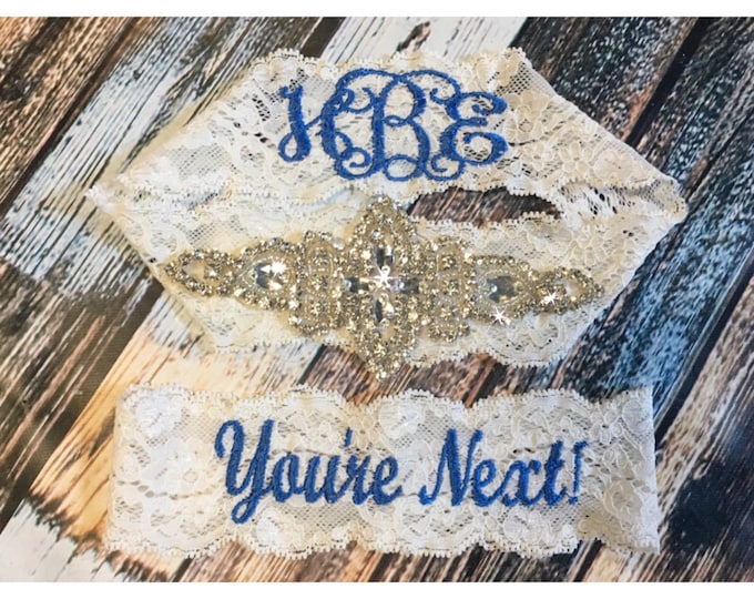 Vintage Inspired and You/'re Next GARTER Set \u2122 Choose Thread Color Monogrammed red garter