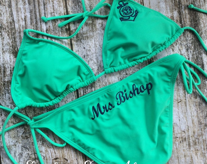 MONOGRAMMED BRIDAL BIKINI / Just Married Honeymoon Swim Suit / Etsy