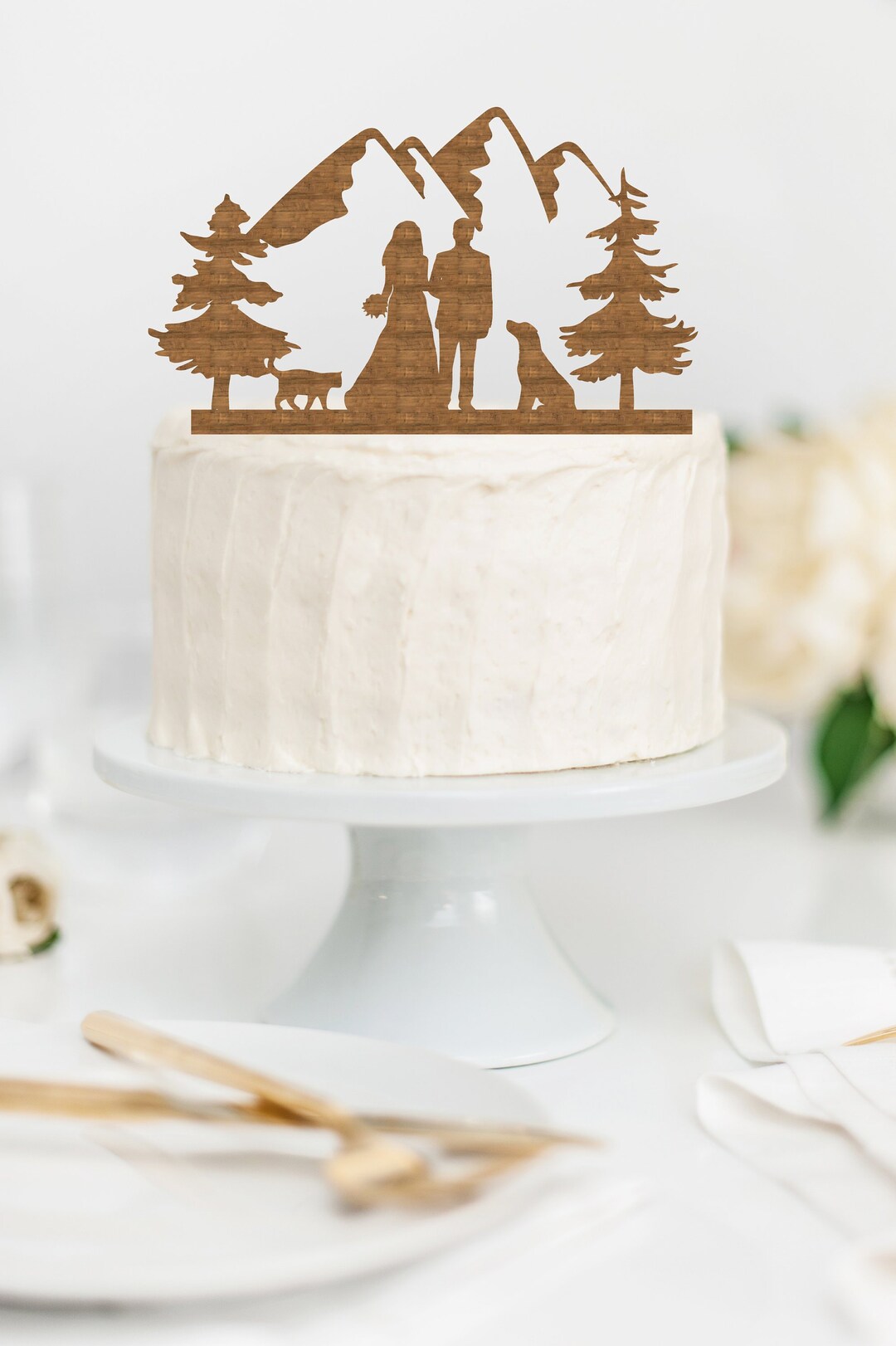 BRIDE GROOM COUPLE With Dog Cat Mountain Wood Wedding Cake Topper ...