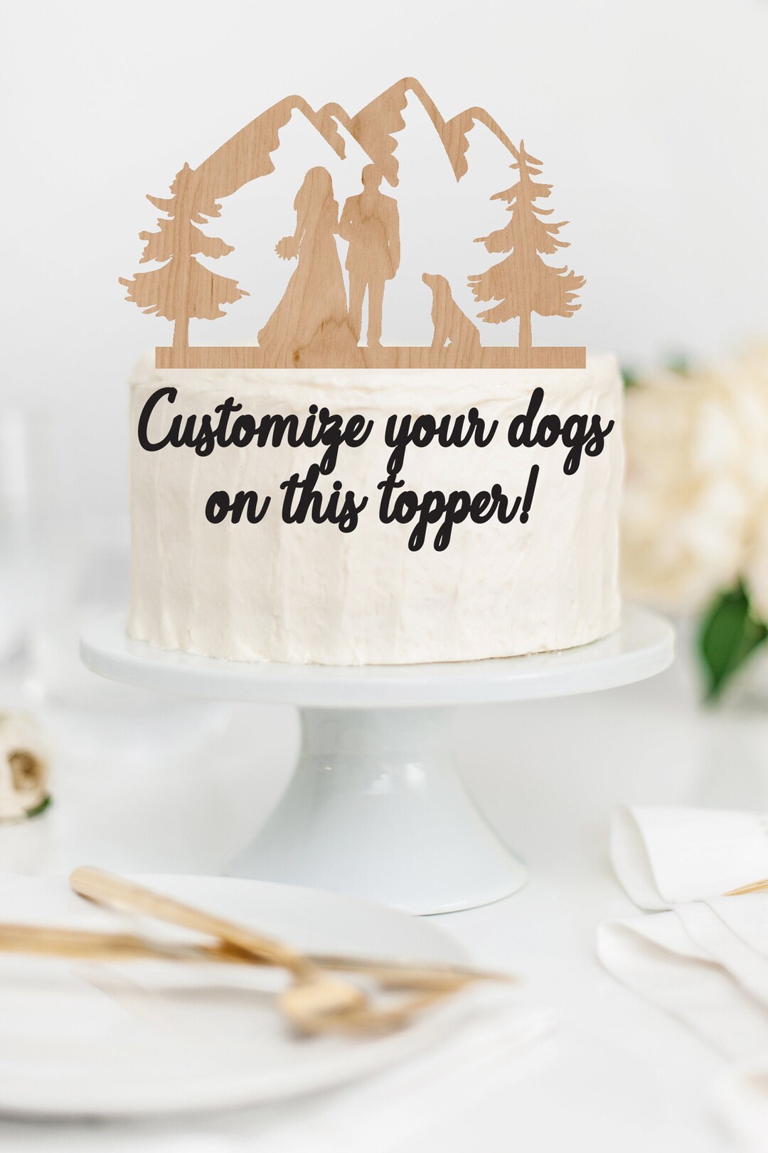 BRIDE GROOM Couple With DOG or Dogs Wood Mountain Wedding Cake Topper ...