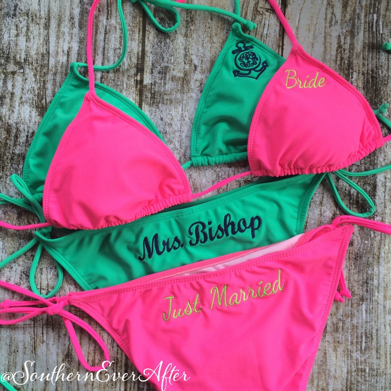 MONOGRAMMED BRIDAL BIKINI / Just Married Honeymoon Swim Suit / Etsy