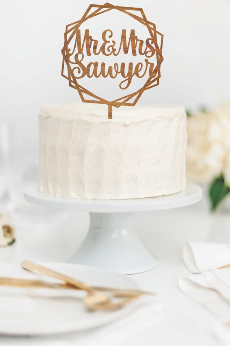 MR MRS NAME Wedding Wood Cake Topper Geometric Hexagon Gold Etsy