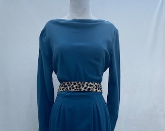 Vintage XL 1950s Blue wool long sleeve wiggle dress