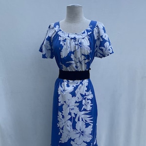 Vintage 1960s blue hawaiian ruffle muu muu maxi dress
