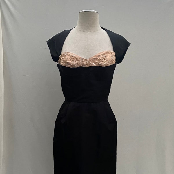 Vintage designer 1950s pink lace rhinestone petal bust black cocktail dress