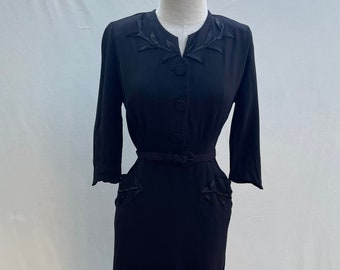 Vintage 1940s Herbert Levy Inky Black Rayon crepe  satin vines trim dress