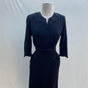 Vintage 1940s Herbert Levy Inky Black Rayon crepe  satin vines trim dress