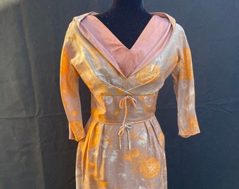 Vintage Harvest! 1950s 50s Orange Mauve rose Shelf Bust wiggle dress