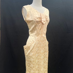 vintage 1950s 50s rhinestone peach satin cocktail wiggle dress