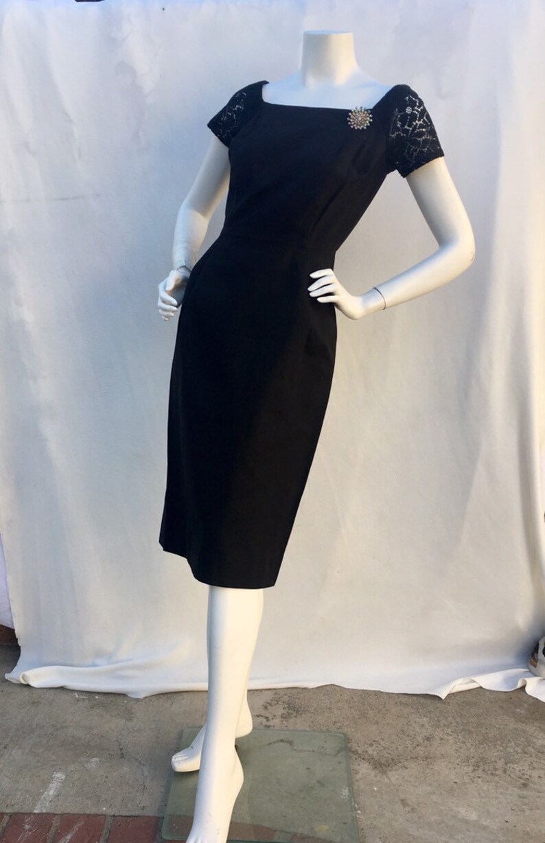 Vintage 1950s 50s Black Textured fitted wiggle dress wLace sleeves