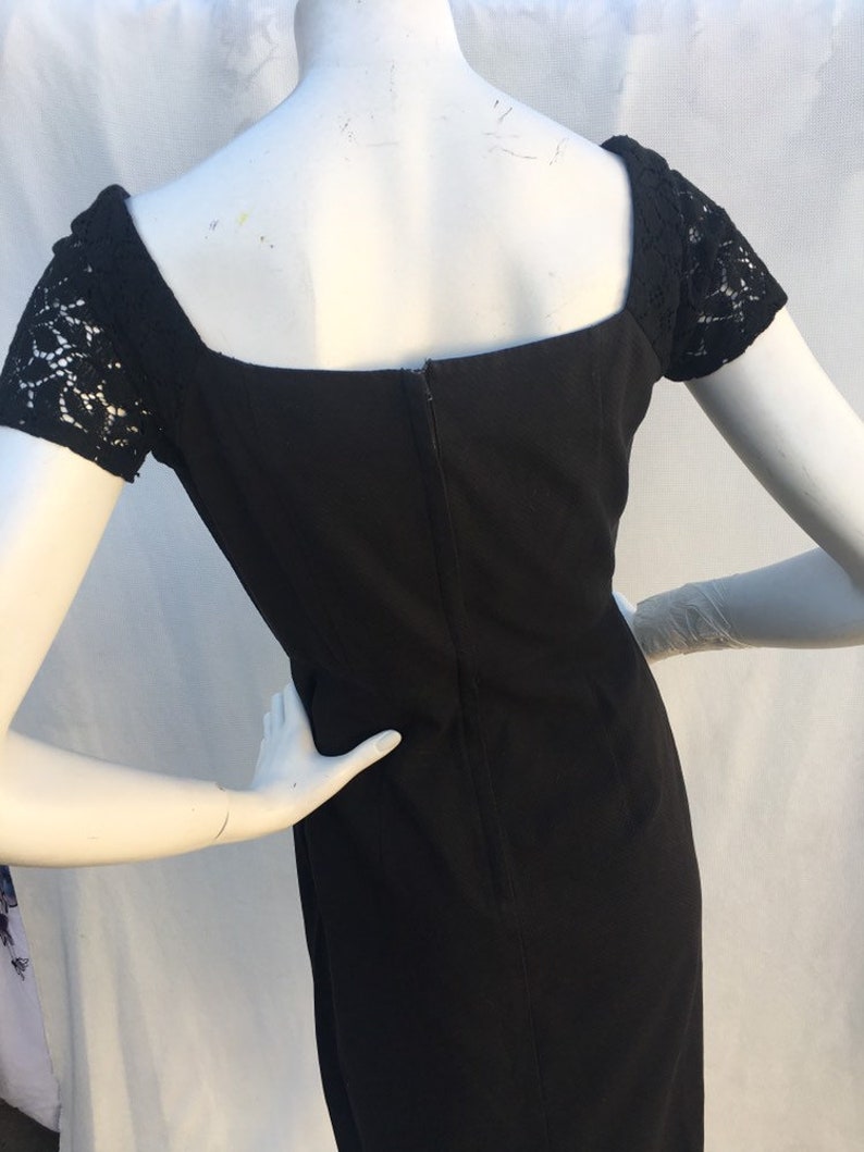 Vintage 1950s 50s Black Textured fitted wiggle dress wLace sleeves