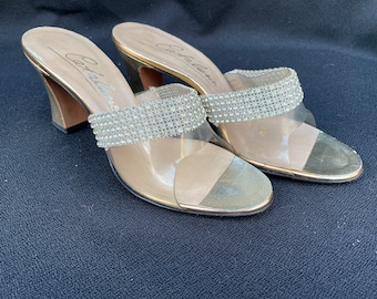 Vintage 1970s gold rhinestones slide heels