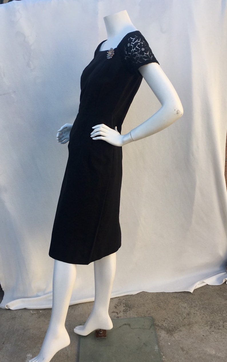 Vintage 1950s 50s Black Textured fitted wiggle dress wLace sleeves