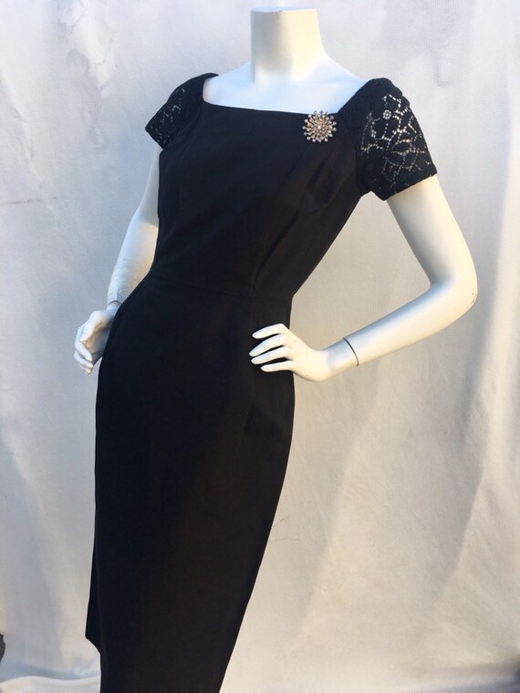 Vintage 1950s 50s Black Textured fitted wiggle dress wLace sleeves