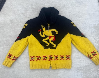 Vintage 1940s 1950s rare yellow/black Indian chief Cowichan heavy knit sweater