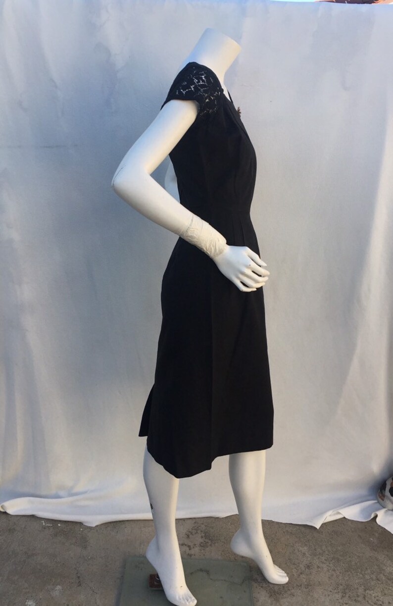Vintage 1950s 50s Black Textured fitted wiggle dress wLace sleeves