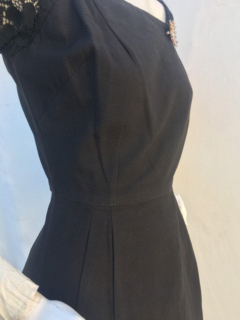 Vintage 1950s 50s Black Textured fitted wiggle dress wLace sleeves