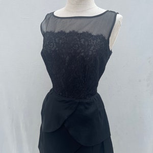 Vintage 1950s 50s Black lace illusion scallop skirt cocktail dress