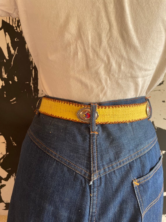 Vintage yellow woven fabric western leather belt
