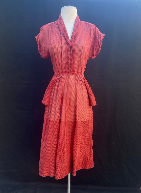 Vintage 1940s sheer houndstooth red black dress