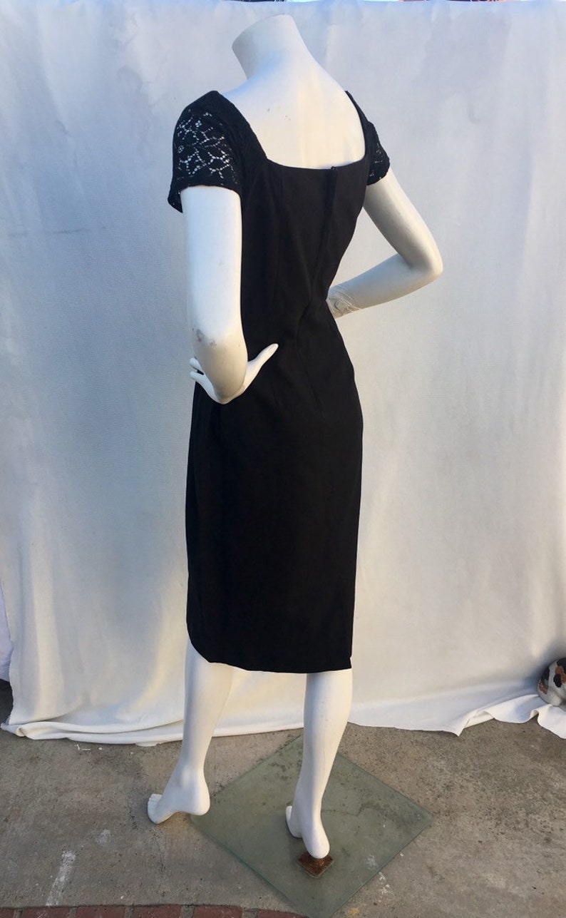 Vintage 1950s 50s Black Textured fitted wiggle dress wLace sleeves