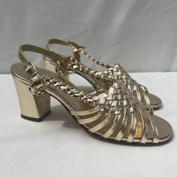 Vintage 1970s Metallic Gold cage slingback chunky heels