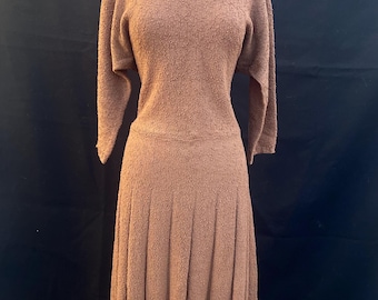 Vintage 1940s Chocolate brown Boucle knit pullover dress