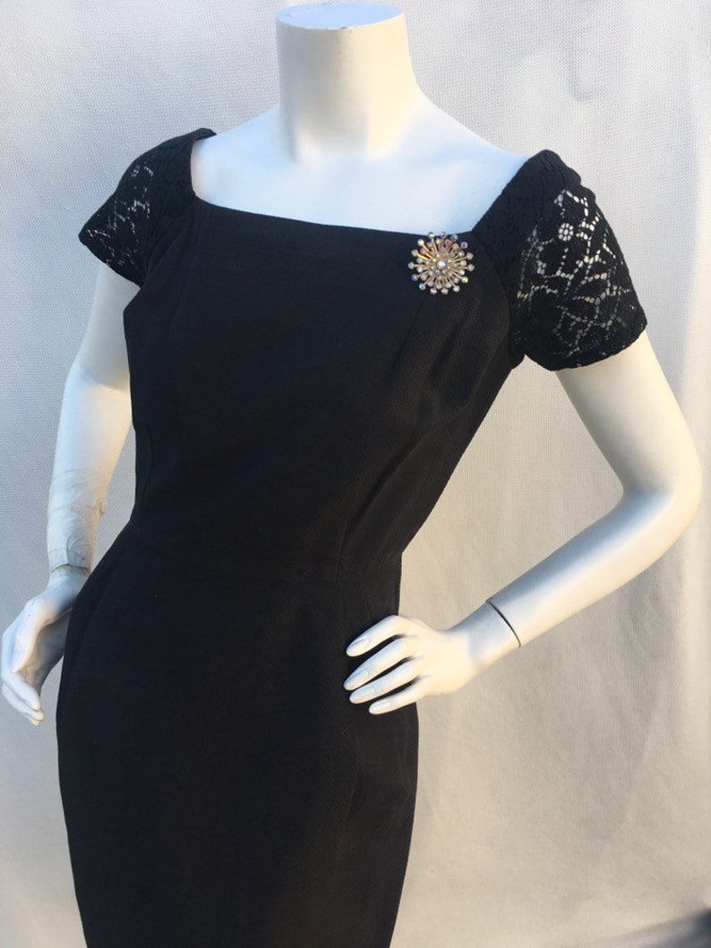 Vintage 1950s 50s Black Textured fitted wiggle dress wLace sleeves