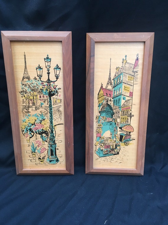 Atomic Vintage 1950s Pair Parisian Theme Wood Frames Wall Image 0