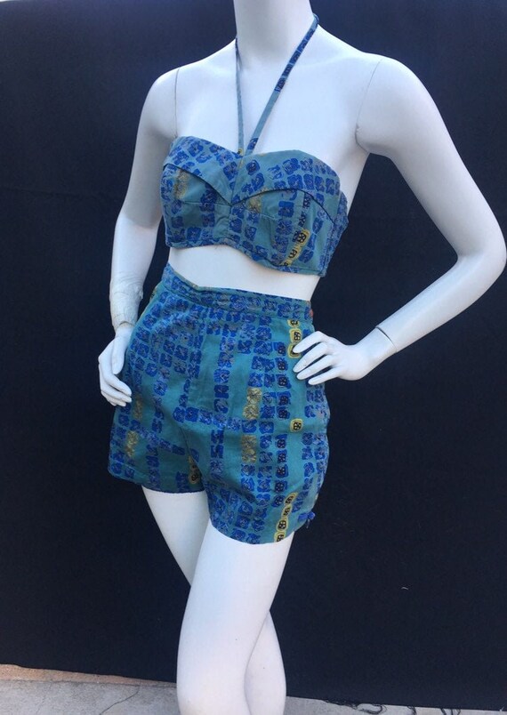Vintage 1950s 50s 2 pc Blue Hawaiian play suit/sun