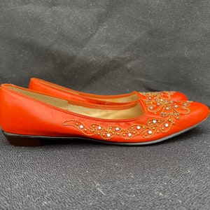 Vintage 1960s Orange rhinestone beads  gold cord flats