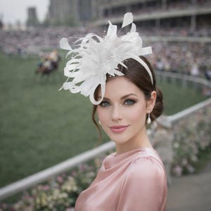 May include: A woman wearing a white headpiece with a floral design and feathers. The headpiece is attached to a white headband. She is wearing a pink dress and pearl earrings. The background shows a horse race.