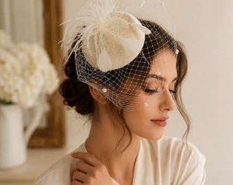 Vintage Cloche Hat with Mesh Veil – Elegant Beaded Fascinator for Wedding Guest, Tea Party, Church & Formal Events