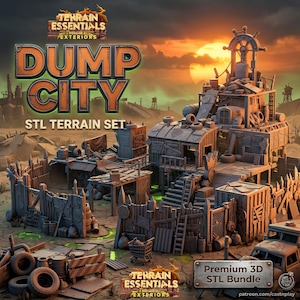 Könnte beinhalten: Ein graues, 3D-druckbares Geländeset mit dem Titel Dump City STL Terrain Set, bestehend aus einer mehrstöckigen Barackenstruktur, einem umzäunten Bereich, verstreuten Reifen, einem Einkaufswagen und Trümmern als digitale Datei für Tabletop-Spiele.