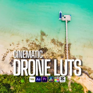May include: Aerial view of a tropical beach with turquoise water, a wooden pier, and a boat. The image features the text "CINEMATIC DRONE LUTS" with various video editing software logos.