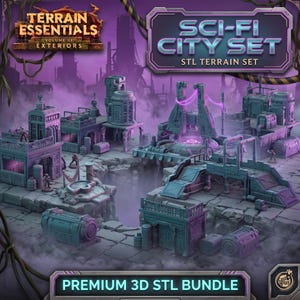 May include: A collection of miniature sci-fi city buildings and terrain pieces in shades of teal and purple. The set includes structures with platforms, ramps, and cylindrical containers. Text reads Terrain Essentials Volume III and Sci-Fi City Set.