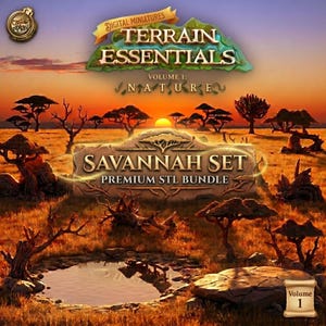 Op de afbeelding: Een digitale miniatuur terrein essentials volume 1 nature savannah set premium STL bundel met een zonsondergang landschap met acacia bomen, een kleine waterpoel en rotsachtig terrein. De tekst luidt Terrain Essentials Volume 1 Nature Savannah Set.