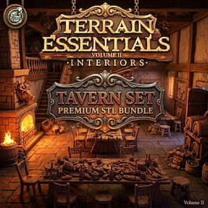 Puede incluir: Una ilustración digital de un interior de taberna con una gran mesa de madera llena de comida y bebida, rodeada de sillas. El texto dice Terrain Essentials Volume II Interiors Tavern Set Premium STL Bundle y Volume II.