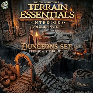 Peut inclure: Un ensemble de terrains miniatures numériques représentant un intérieur de donjon en pierre avec un pont, une arche, des tonneaux et un chaudron. Le texte indique : Digital Miniatures Terrain Essentials Volume II Interiors Volume I Nature Dungeons Set Premium STL Bundle.