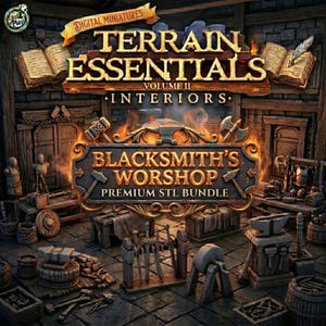 May include: A digital miniature bundle titled Terrain Essentials Volume II Interiors Blacksmith's Workshop Premium STL Bundle. The image displays a 3D rendered workshop scene with an anvil, swords, hammers, barrels, and wooden workbenches.