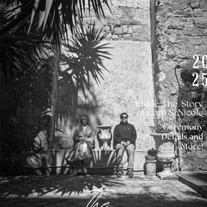 May include: Monochrome wedding announcement featuring the word "FOREVER". The image shows a couple seated in front of a stone wall, with text that reads "Inside: The Story of Cam & Nicole Ceremony Details and More!" and "The Waughs".