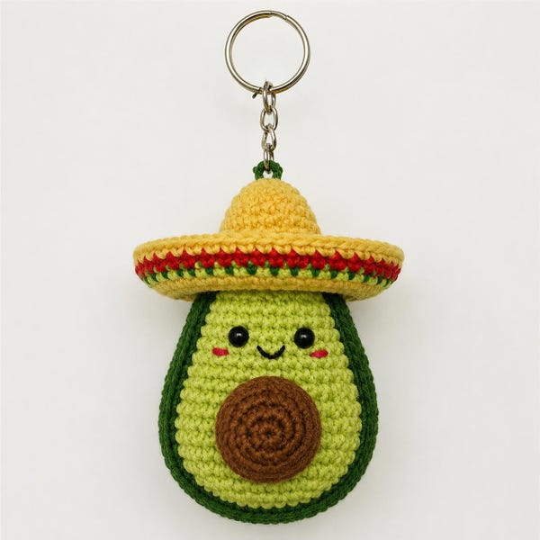Avocado Sombrero Bag Charm, Miniature Mexican Food Crochet Accessory, Quirky Fiesta Theme Gift