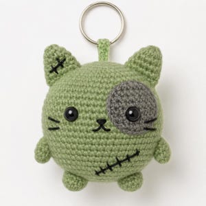 May include: A green crocheted cat keychain with black stitched details, a gray eye patch, and black button eyes. The cat has small ears and a stitched mouth. A silver metal ring is attached to the top.